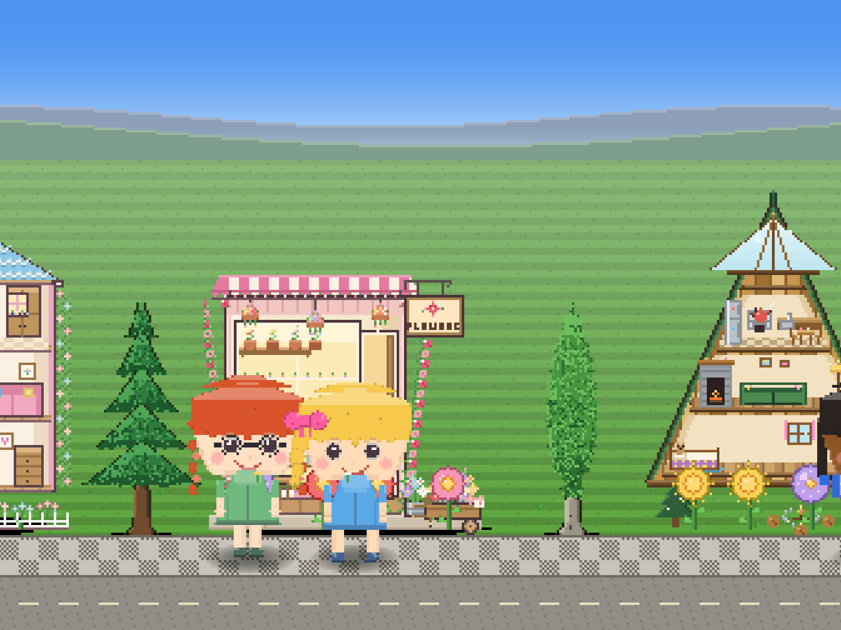 A side-view pixel-art street: Eliza's flower shop, two smiling children, cutaway homes and trees under a blue sky.